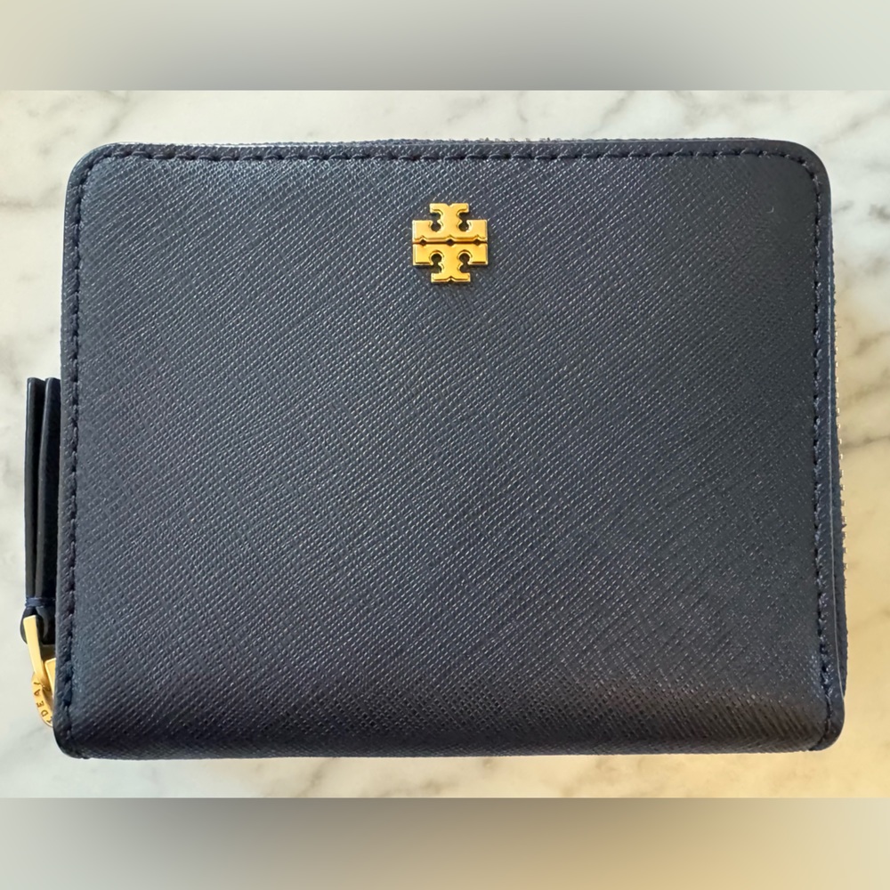 Tory Burch Emerson Medium Navy Blue Leather Wallet